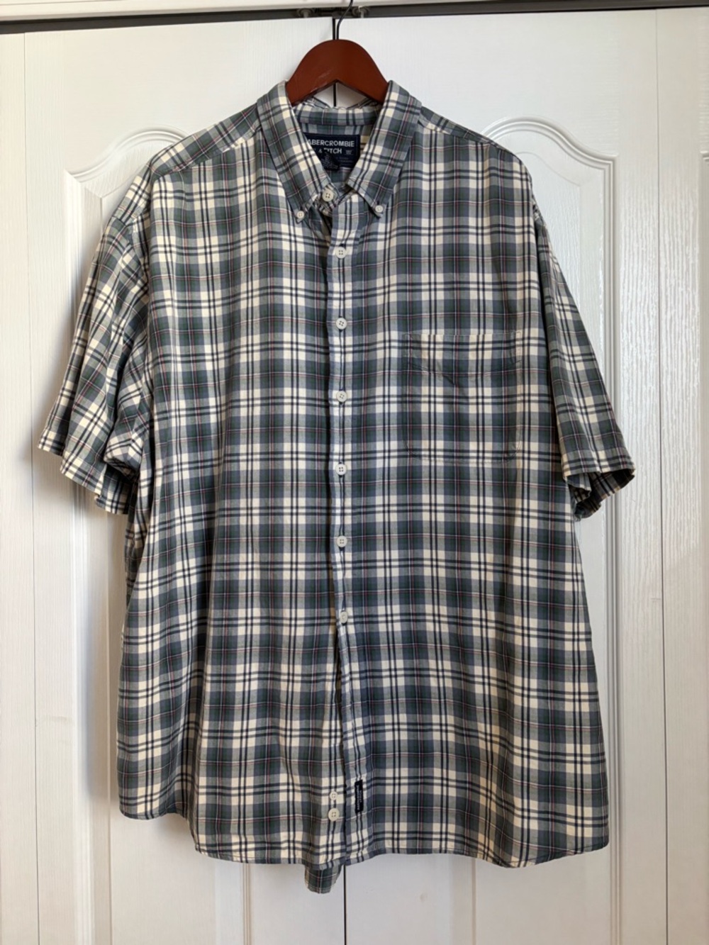 Abercrombie & Fitch Short Sleeve Plaid Button-Down Shirt - Green, White, Gray
